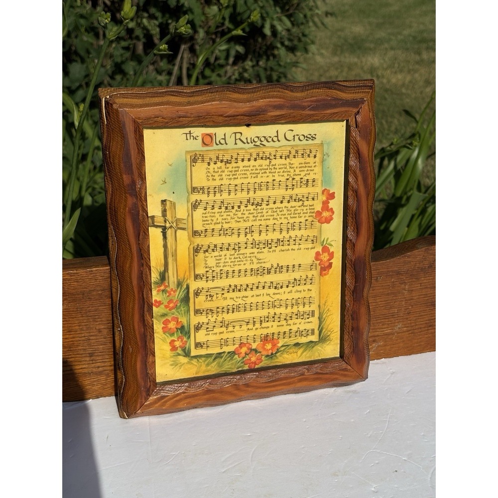Vintage The Old Rugged Cross Sheet Music Framed Wall Art Rustic Wavy Wood Frame